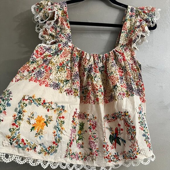 Farm Rio Delicate Forest Scarves Square Neck Embroidered Blouse - Picture 3 of 9